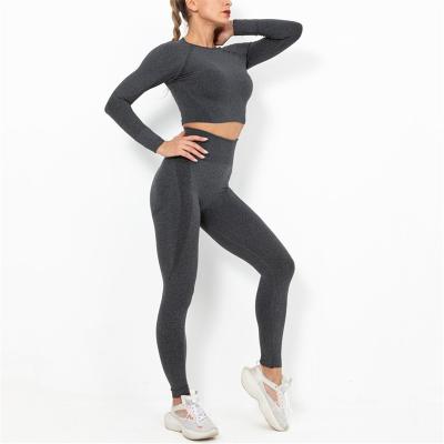 China Breathable Hot High Quality Long Sleeve Women Workout 2 Piece Sports Running Gym Fitness Yoga Legging Crop Top Sport Set for sale