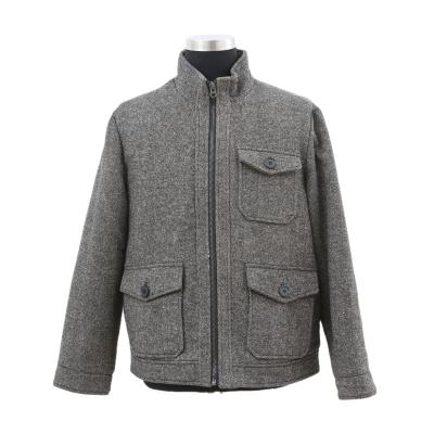 China White Tiny Wool Fabric Mens Brown And Wool Grid Tweed Windproof Padded Jacket With Stand Collar And Fin Pocket for sale