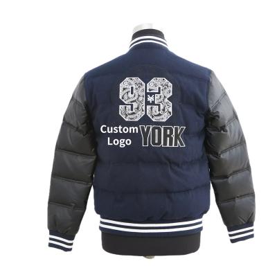 China Custom 2022 Fashional Windproof Wool Down Navy Bomber Jacket Men's With Synthetic Leather Sleeve And Embroidery for sale