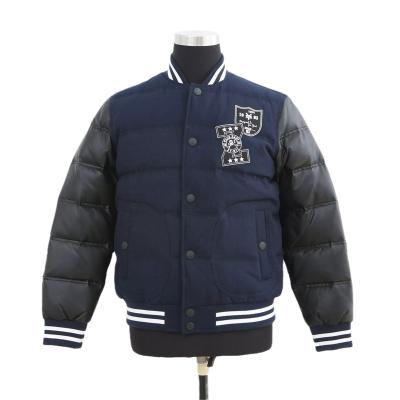 China Custom Logo 30% Wool 70% Polyester Windproof Navy Down Letterman Jacket With Ribbed Collar & Ribbed Edge for sale