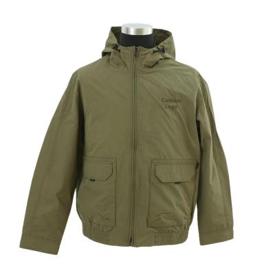 China Factory Price Windproof 100% Polyester Direct Coated Fabric Olive Hooded Jacket With Embroidery and Fin Pocket for sale