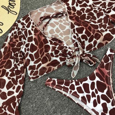 China 2020 Breathable Popular Leopard Printing Long Sleeve Mesh Top 3 Pieces Bikini Swimwear for sale