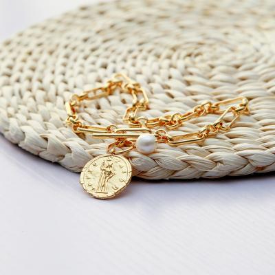 China Maxery Fashion Jewelry Necklace Women Gift Trendy Gold Coin and Pearl New Design Trendy Brass Necklace for sale