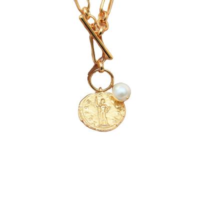 China Maxery INS Brass Chain Necklace 18k Gold Classic Necklace With Gold Coin Anti-allergic Jewelry For Lady Girls for sale