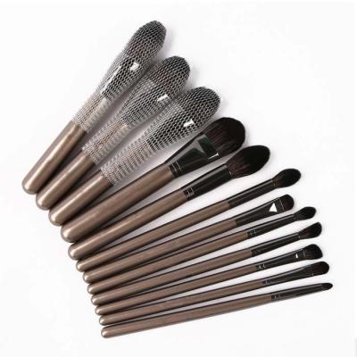 China Angular Blush 12pcs Brown Wooden Handle High End Copper Girl Makeup Brush With Imitate Squirrel Hair for sale