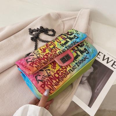 China Fashion ins hot sale colorful art graffiti printed handbag purses Gils Pures rainbow fashion women bag for sale