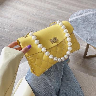 China New Fashion Classic Pure Color Diamond Lattice Pattern Pearl Handle Women Wallet Girls Shoulder Bag for sale