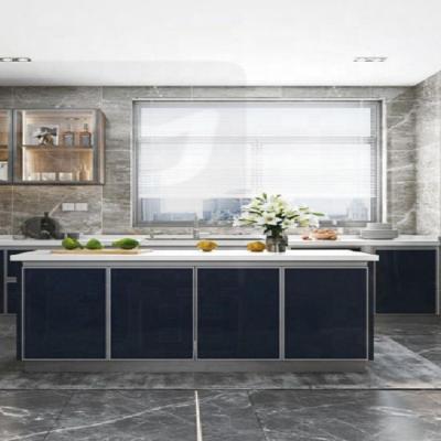 China Matt Blue Kitchen Cabinet Design High Quality Custom Made Environmentally Friendly/Durable Apartment Glass Island and Door Kitchen Cabinet Set for sale