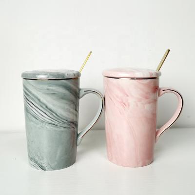 China Sustainable Nordic Style Ins Marble Coffee Mugs Sublime Mug Couple Ceramic Mug With Cover And Spoon Customizable for sale