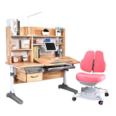 China Innovative Kids Furniture Home and School Modern Solid Wood Study Desk Pink Blue Table Chair Set with Shelf for sale