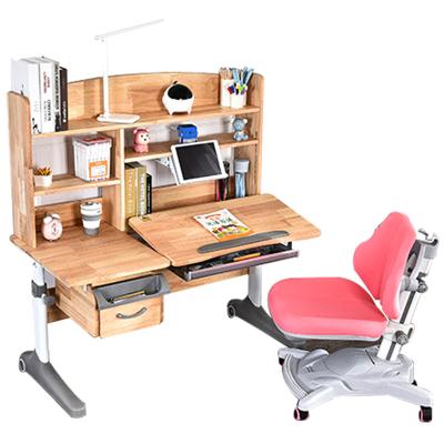 China Innovative modern solid wood pink children's furniture home and school study desk table chair set with shelf for sale