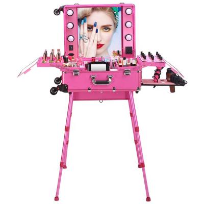 China Prepare Professional Anytime Artist Makeup Case Portable Heel Makeup Box Bracket Cosmetic Workbench Trolley Lighted Cosmetic Case for sale