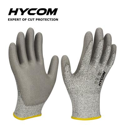 China Heavy duty cut glove Hycom cut heavy duty hppe knitted pu coated SAFETY work garden glove for sale