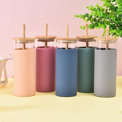 China Simple Straight Cup Creative Bamboo Lid Straw Fruit Juice High Borosilicate Glass Water Cup Stored for sale