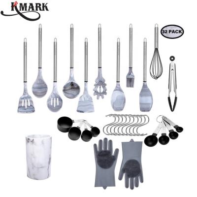 China Sustainable Hot Sales Food Grade Silicone Marble 32 Pcs Cooking Utensils Set For Cookware for sale