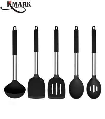 China Durable Stainless Steel Nonstick Silicone Heat Resistance Handle Soft Silicone Kitchen Utensils Set for sale