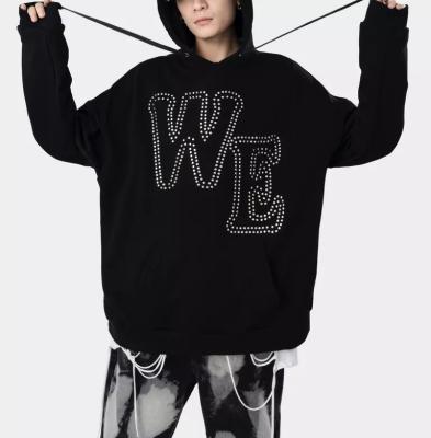 China Custom Unisex Oversize Rhinestone Men's Logo Sweater Hoodie Anti-Wrinkle Clothing Manufacturer Heavyweight Streetwear Rhinestone Hoodie for sale