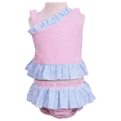 China 2021 new arrival summer cotton breathable 100% cotton seersucker two pieces of girls swimwear for sale