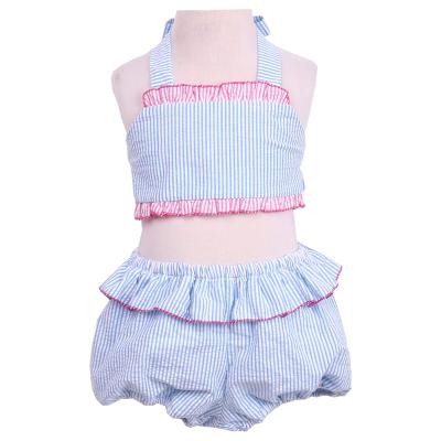 China 100% Cotton Breathable Seersucker Summer Backless Bows Ruffle Girls Swimsuit for sale