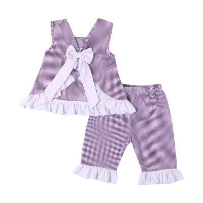 China Baby Outfits 2021 Girls Fashion Sleeveless Adorable Boutique Girls Plaid Outfits Sets Summer Back Bow Girls Ruffle Outfits for sale