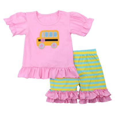 China Washable Summer Kid Babies Outfits Back To School Bus Kids Boutique Adorable Ruffles Embroidery Sets for sale