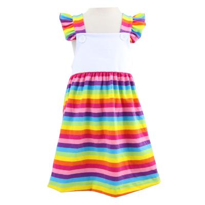 China Fashionable Pattern Anti-static Stripe 95%cotton 5%spandex Rainbow Sleeve Flutter Summer Boutique Kids Girls Rainbow Dresses for sale