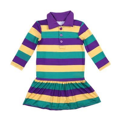 China Breathable Cotton Dress Mardi Gras Colorblock Striped Long Sleeve Baby Kids Boutique Ruffle Polo Dress for sale