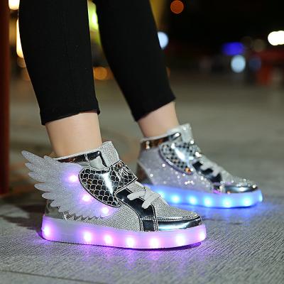 China Kids 2023 Colorful Led Casual Sports Shoes Rechargeable USB Light Children's Rubber Wing Sneakers Boy Girl Light Up Running Shoes for sale