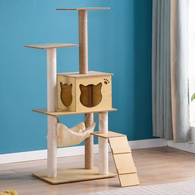 China Interactive Sustainable Pet Toys Large Wooden Cat Tree Tower, Cat Climbing Frame Scratcher Cat Playhouse Treehouse for sale