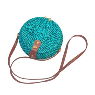 China Handwoven Round Rattan Lady Handwoven Bag Bohemian Round Color Rainbow Rattan Single Shoulder Bag Cross-Body Bag for sale