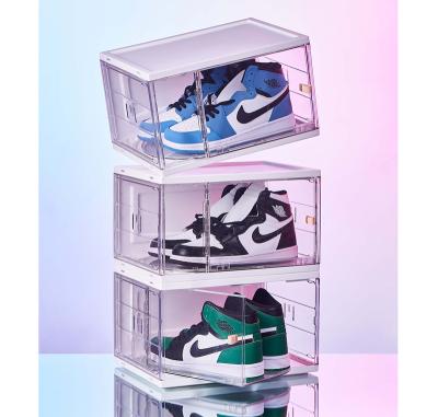 China Front Plastic Acrylic Shoe Display Modern Hard Stackable Magnetic Box Acrylic Drop Sneaker Box for sale