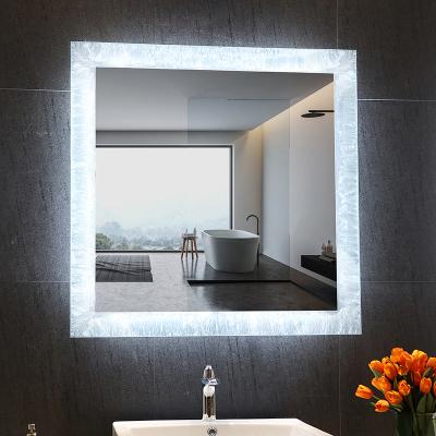 China Ice Flower Style Illuminated Hotel Lighted Wall Mirrors Frameless IP44 Rating Bathroom LED Illuminated Waterproof for sale