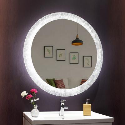 China Luminous Ice Flower Frosted Modern Wall Mounted Frameless Round Light Bathroom Mirror With LED Lights for sale