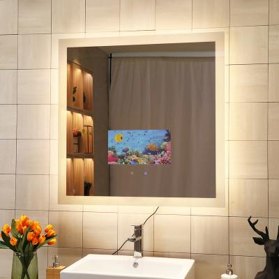 China Home Decorative Square Luminous LED Wall Mounted Bathroom Lighted Smart TV Mirror for sale