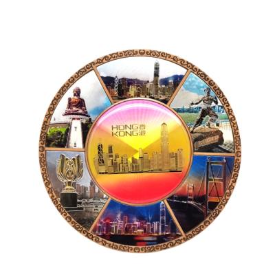 China Asia Round Shape Antique Copper Dish Aluminum Sticker Metal Home Decor Large Size Zinc Alloy Souvenir Dish for sale