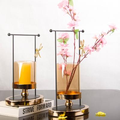 China Gold Wax Simplicity Kingtop Dragonfly Pillar Glass Candlestick Decorative Nordic Metal Gold Stand Candle Holders for sale