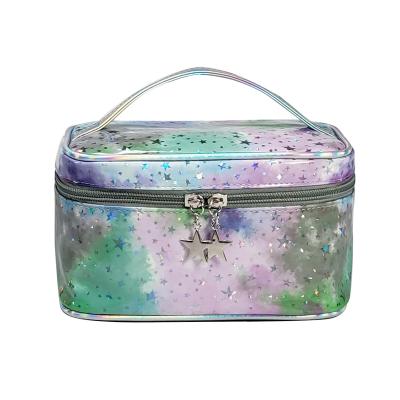 China Shinning Holographic Star Shape Leather Travel Beauty Large Capacity PU Cosmetic Bag With Handle for sale