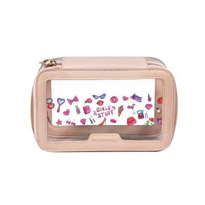 China ENGLAND STYLE Pink Transparent Clear PU Cosmetic Bag Portable Makeup Skin Care Box Cosmetic Packaging Box for sale