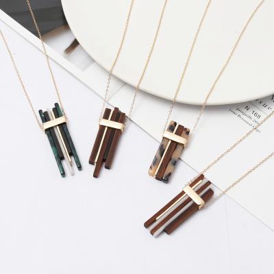 China BOHEMIA Fashion Wooden Band Bar Necklace Long Chain Gold Sweater Necklace Women Alloy Wood Jewelry for sale