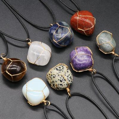 China BOHEMIA Ball Irregular Stone Wire Wrap Rope Chain Healing Crystal Pendants Necklace For Women Gift Jewelry for sale