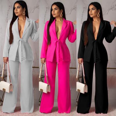 Κίνα Hot Selling Anti-Wrinkle Solid Color Waist Lace Up Women Suits Fashion Two Piece Set Office Formal Ladies Suits Women Suits And Tuxedo προς πώληση