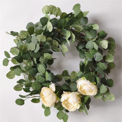 China Pure Handmade Artificial Green Christmas Plastic Boxwood Leaves Window Door Hanging Wall Decor and Holiday Wedding Garland with Hanging Ribbon for sale