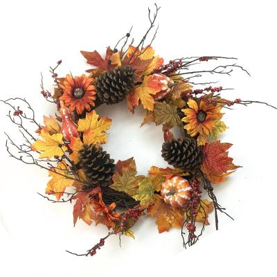 China 22 Inch Pure Handmade Quality Harvest Wreath Natural Fall Pumpkin Wreath With Pine Cones And Maple Leaves Pumpkin Decorations Supplies for sale