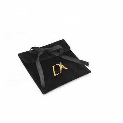 China Luxury High Grade Personalized Custom Logo Printed Black Suede Envelope Flap Pocket Luxury Jewelry Storage Bag With Bow Knot for sale