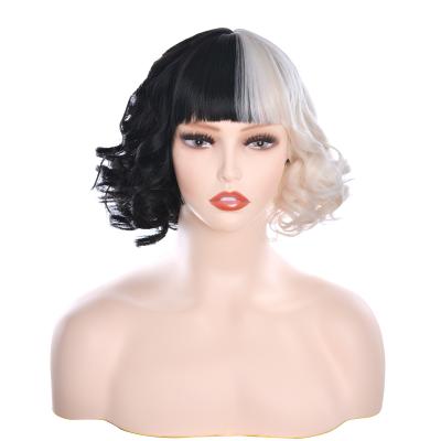 China Role Play Cruella de Vil Black and White Witch Kuila Yin and Yang Chief Bangs Long Cos Wig Medium Curly Hair for sale