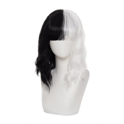 China Role Play Cruella de Vil Black and White Witch Kuila Yin and Yang Chief Bangs Long Cos Wig Medium Curly Hair for sale