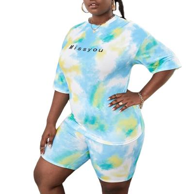 China QUICK DRY Women Tie Dye 2 Piece Summer Short Sleeved Sports Suit Plus Size Tie Dye Sweater T-Shirt Shorts Set for sale