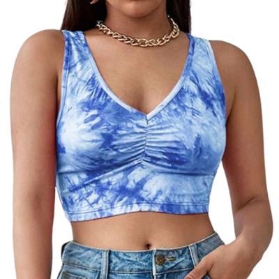 China New QUICK DRY Tie Dye Pleated Round Neck Sleeveless Crop Top Blank Crop Tops Wholesale Cheap Print Crop Top for sale