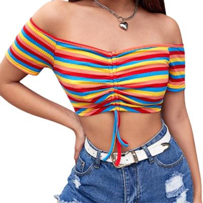 China Rainbow Stripe Front Drawstring Top QUICK DRY One-Shoulder Halter Top V-Neck Bubble Drawstring Crop Blouse for sale