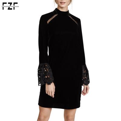 China OEM Gothic Anti-Static Faux Neck Long Sleeves Lace Up Trim A Line Black Dress for sale